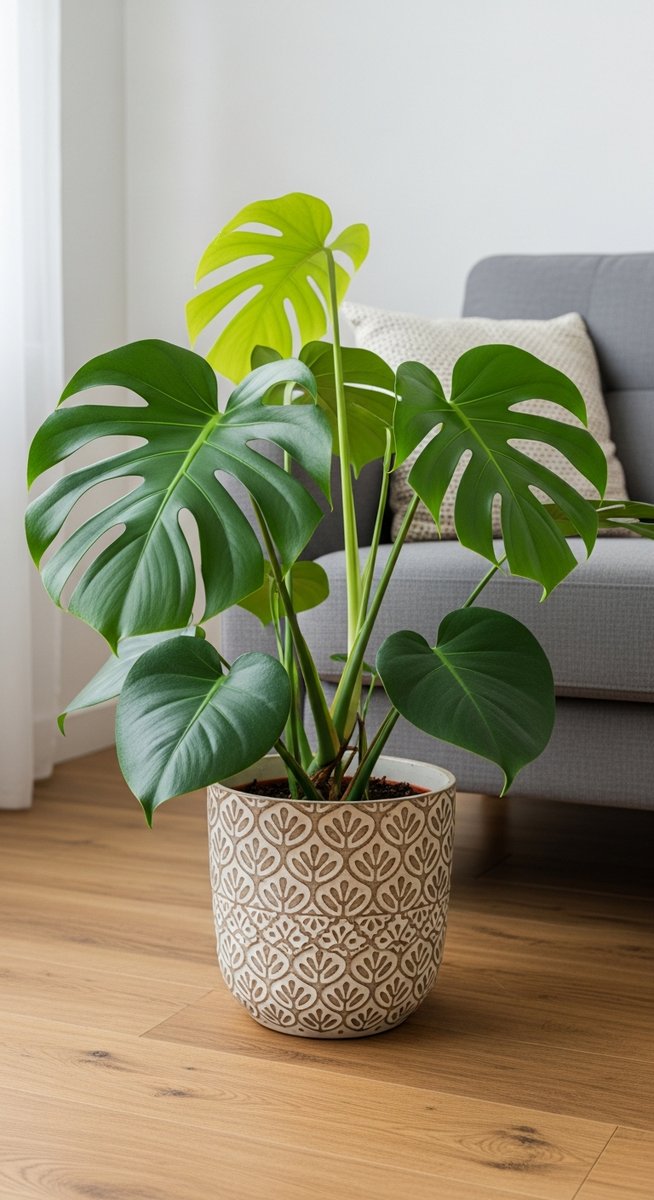 a monstera plant in a decorative pot on a wooden floor