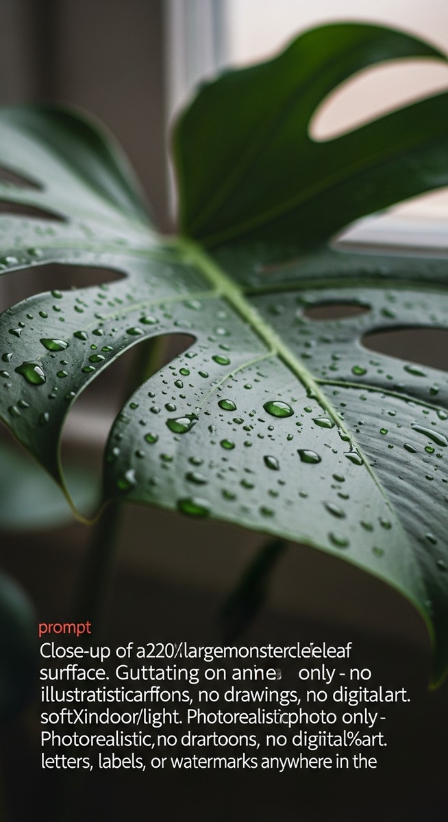 Close-up of a large monstera leaf with water droplets sitting on its surface, for monstera dripping water