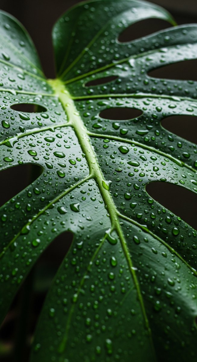 Close-up of a large monstera leaf with water droplets sitting on its surface
