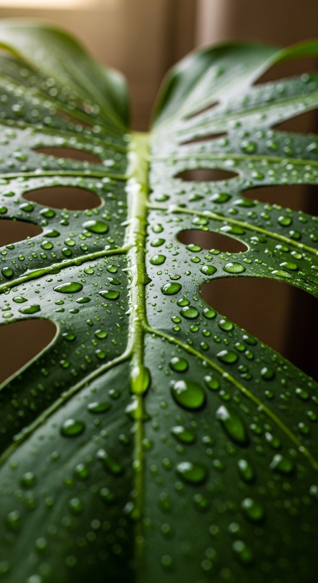 Close-up of a large monstera leaf with water droplets sitting on its surface, for monstera dripping water