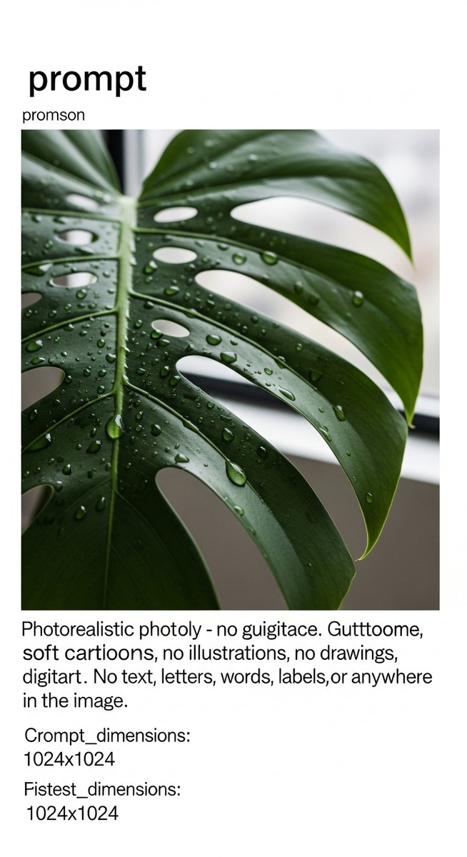 Close-up of a large monstera leaf with water droplets sitting on its surface