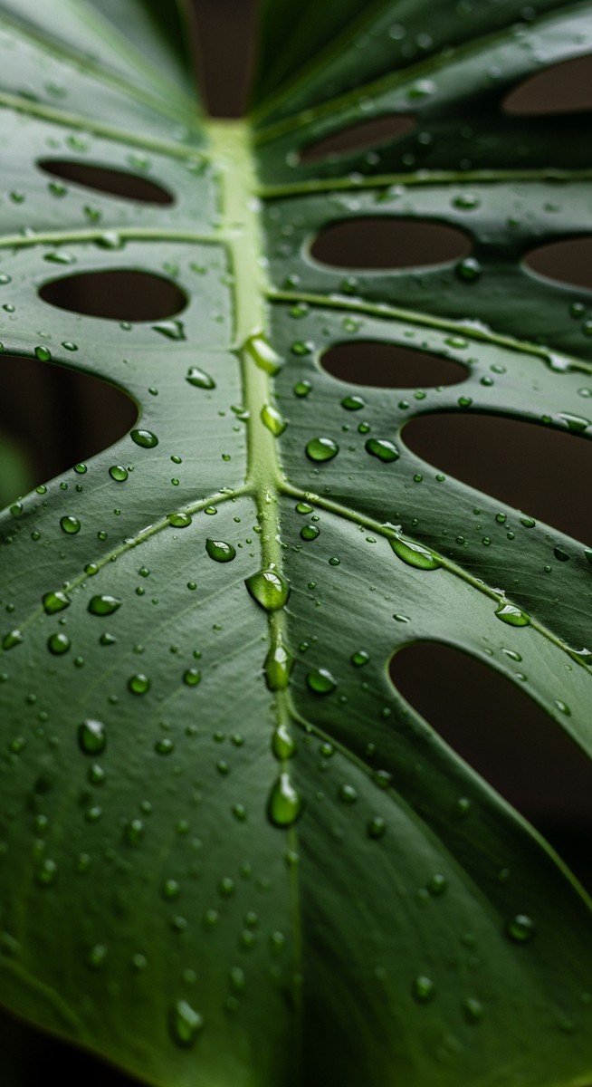 Close-up of a large monstera leaf with water droplets sitting on its surface, for monstera dripping water