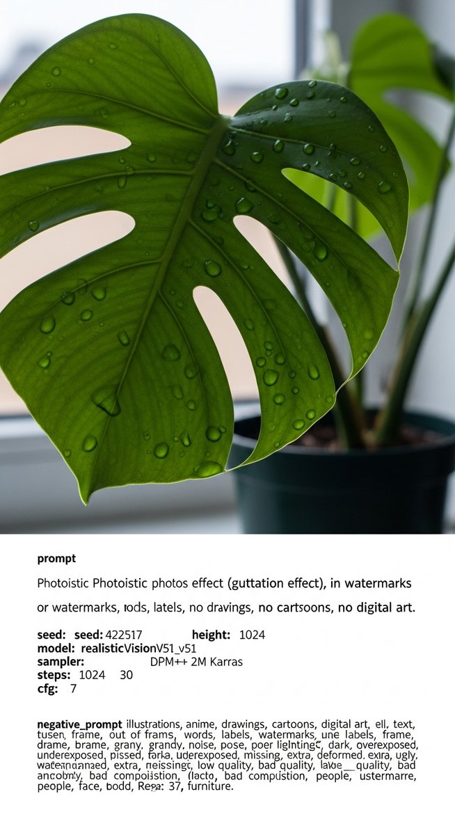 Close-up of a large monstera leaf with water droplets sitting on its surface