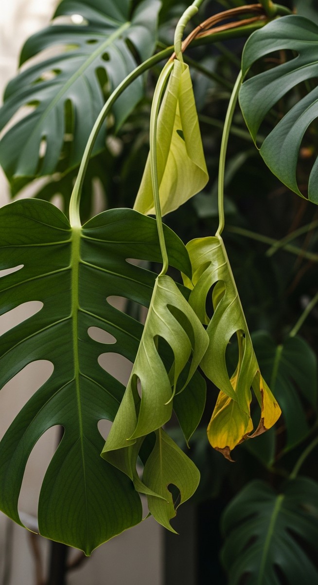 close-up of drooping monstera leaves hanging limply from the stem