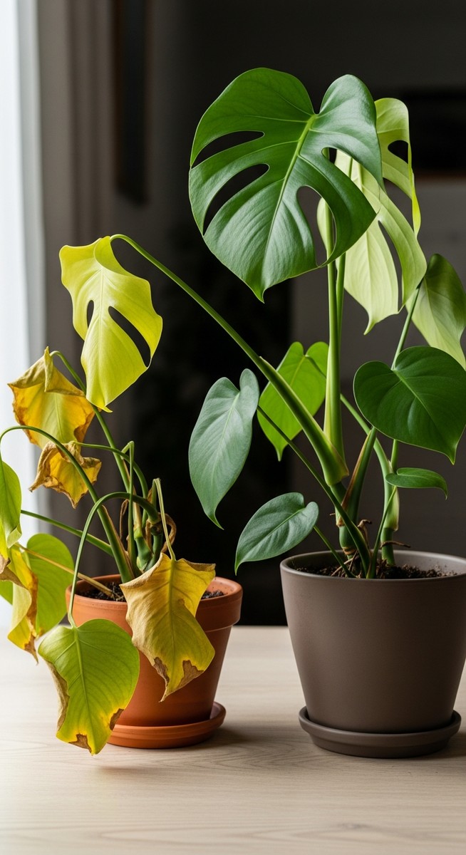 a wilting monstera plant compared to a healthy upright one, for monstera drooping