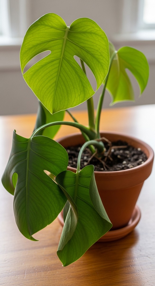 a wilting monstera plant in a pot with leaves drooping down