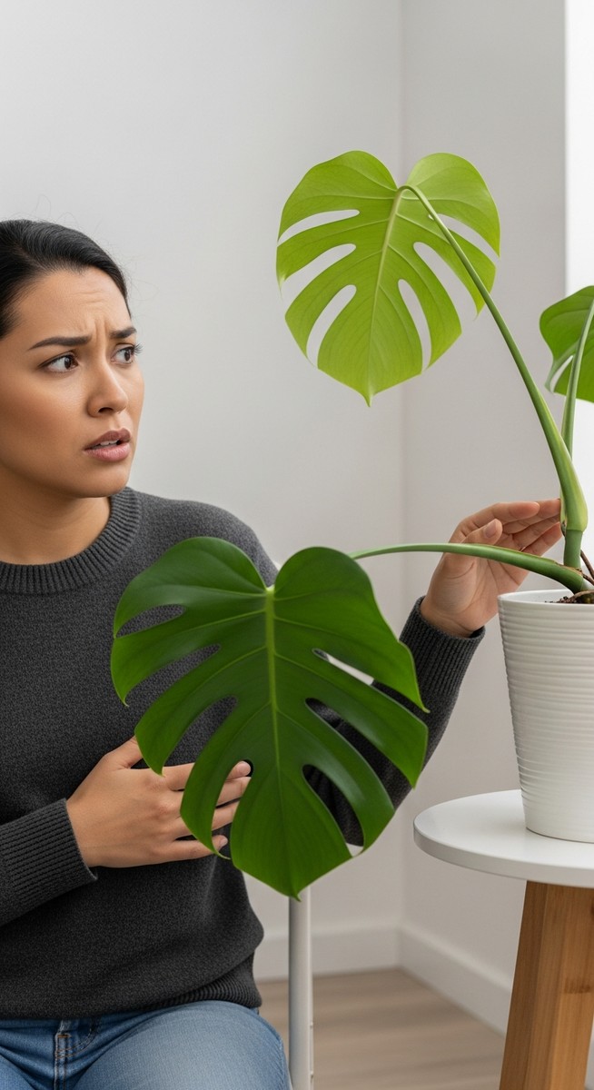 a person looking with concern at a drooping monstera plant