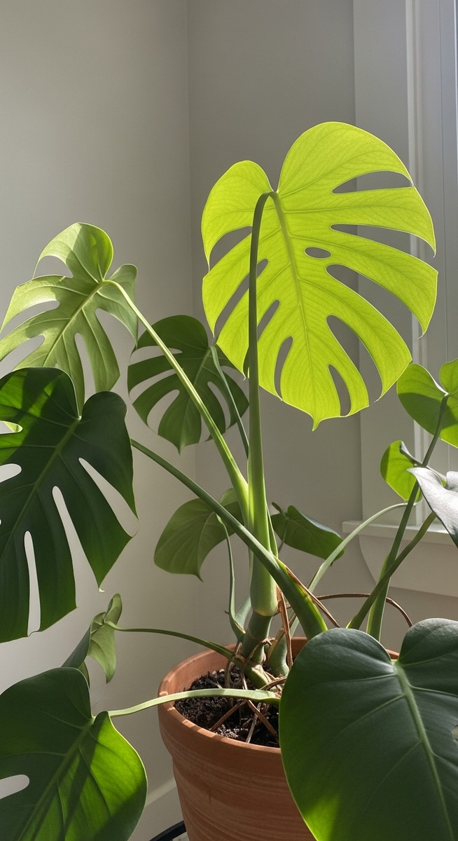 a monstera plant with leaves pointing downward from dehydration, for monstera drooping