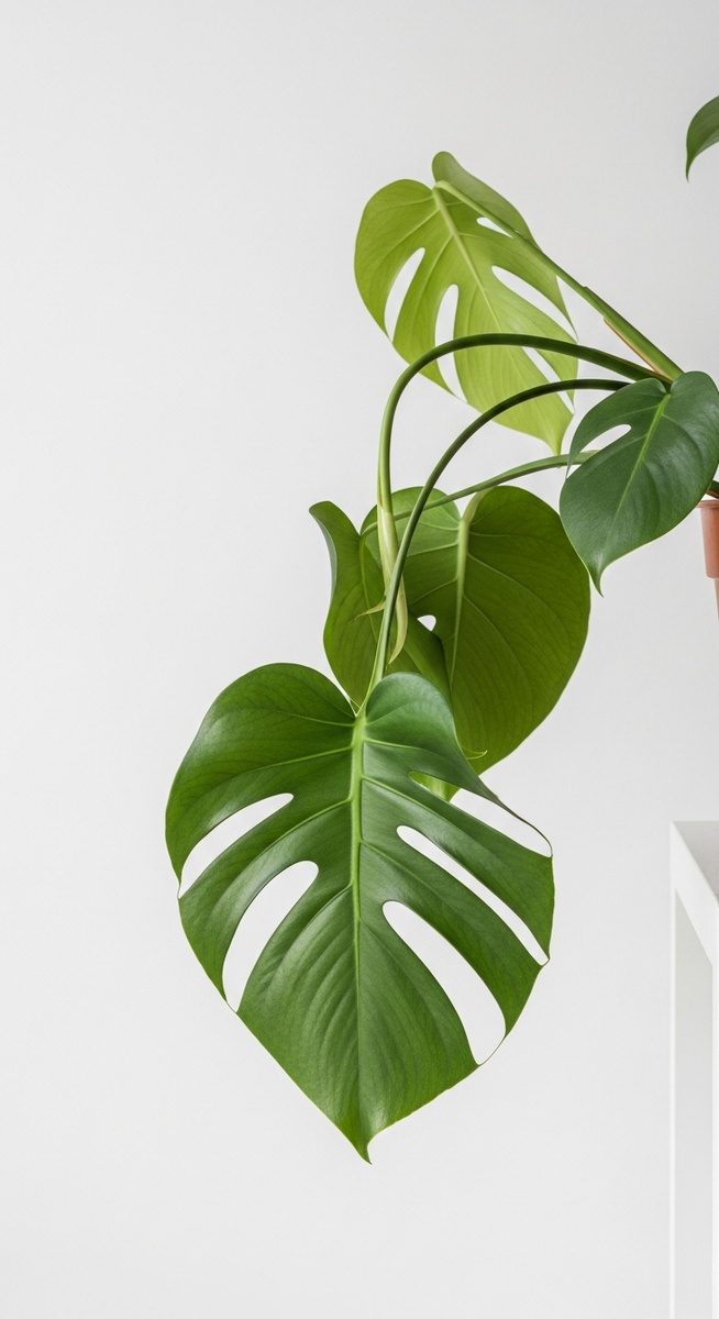 side view of a drooping monstera plant with limp hanging leaves