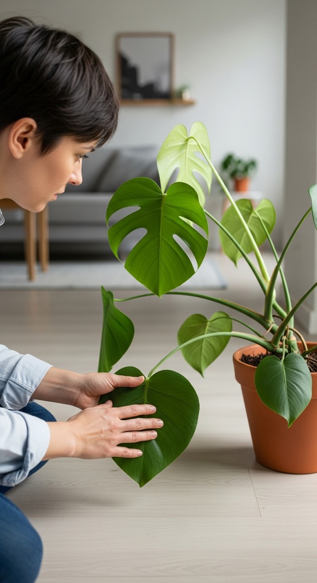 a person looking with concern at a drooping monstera plant