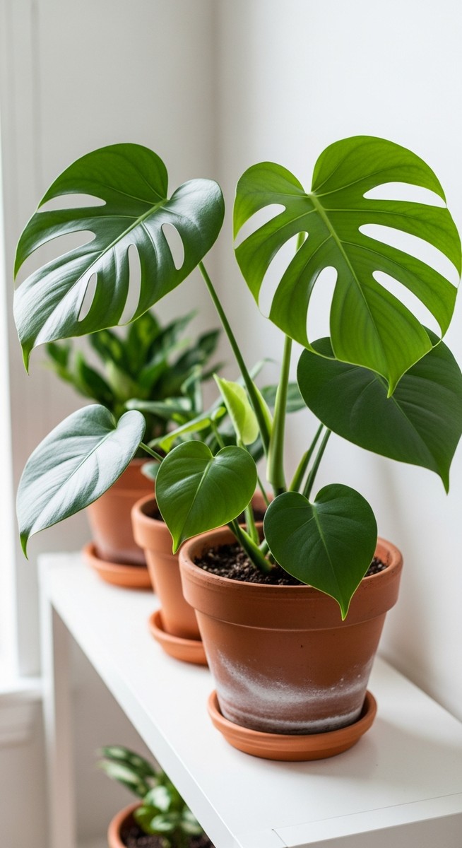 a lush monstera plant in a terracotta pot on a white shelf