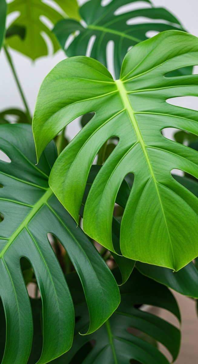 close-up of healthy monstera leaves showing vivid colour and texture, for monstera dubia care