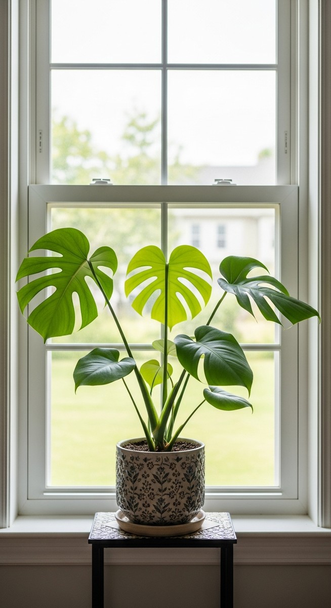 a monstera plant in a pot near a bright window