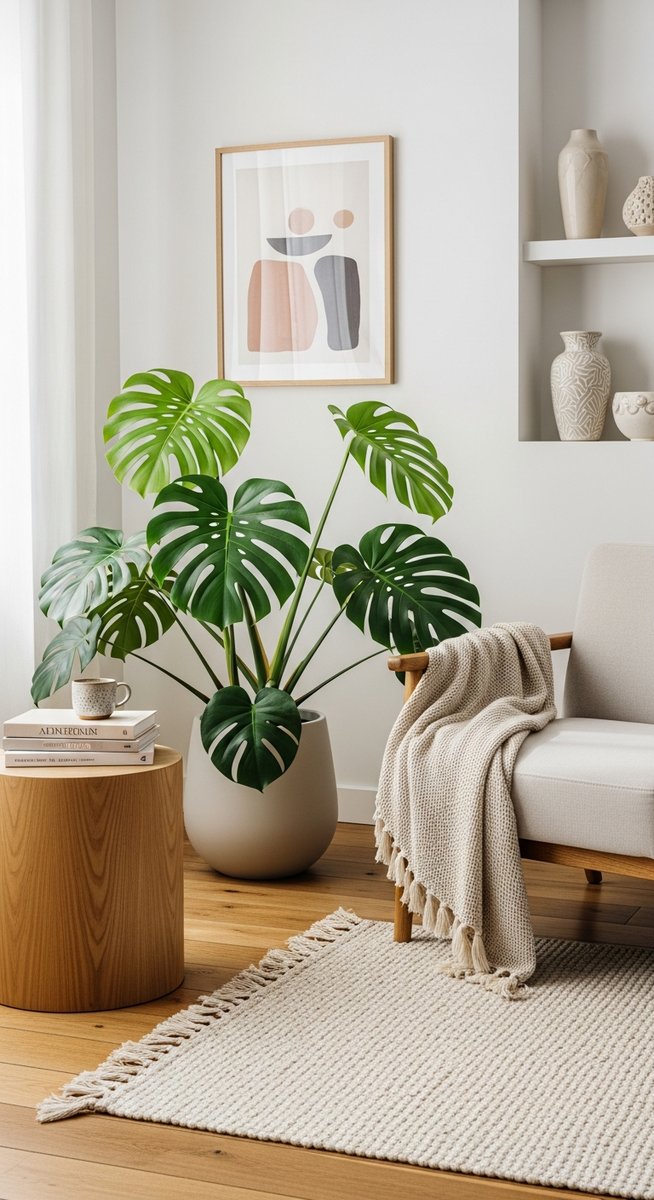 a large thriving monstera plant as a living room focal point, for monstera dubia care