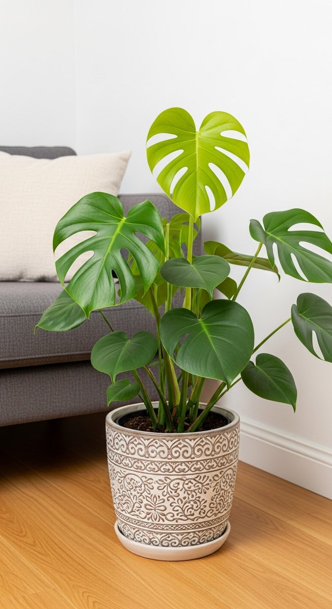 a monstera plant in a decorative pot on a wooden floor