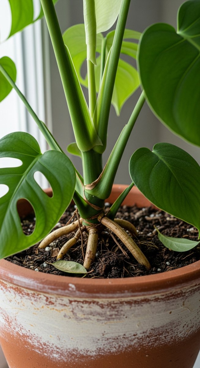 close-up of the base and lower leaves of a monstera plant, for monstera dubia care