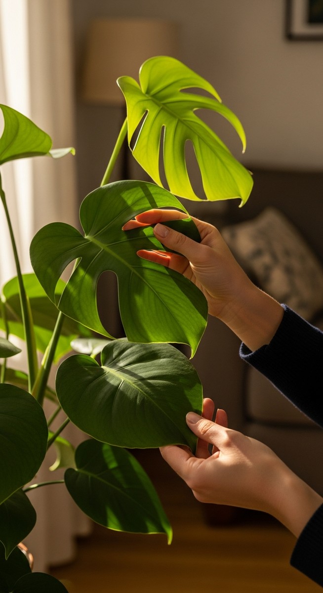 hands touching the leaves of a healthy monstera plant