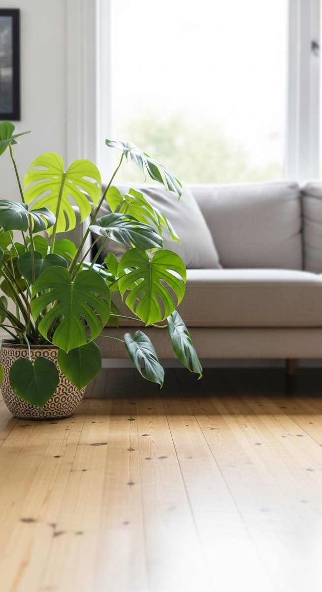 a monstera plant in a decorative pot on a wooden floor