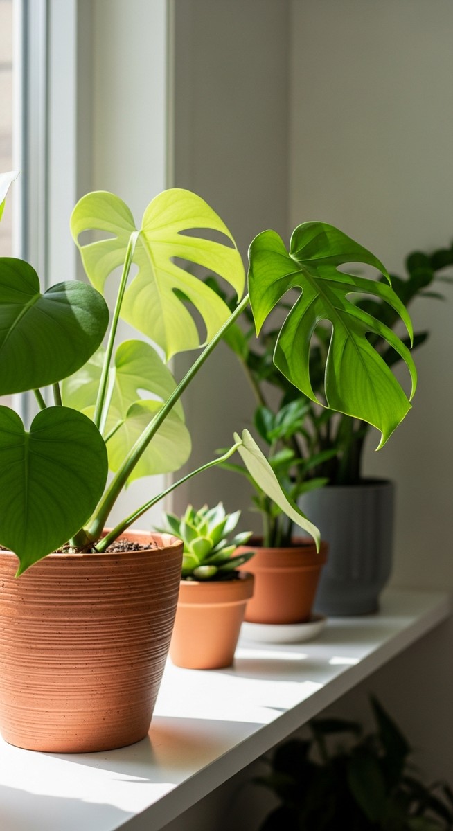 a lush monstera plant in a terracotta pot on a white shelf