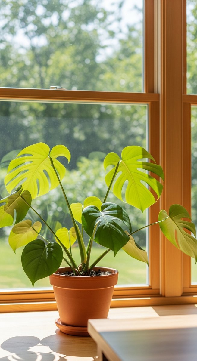 a monstera plant in a pot near a bright window