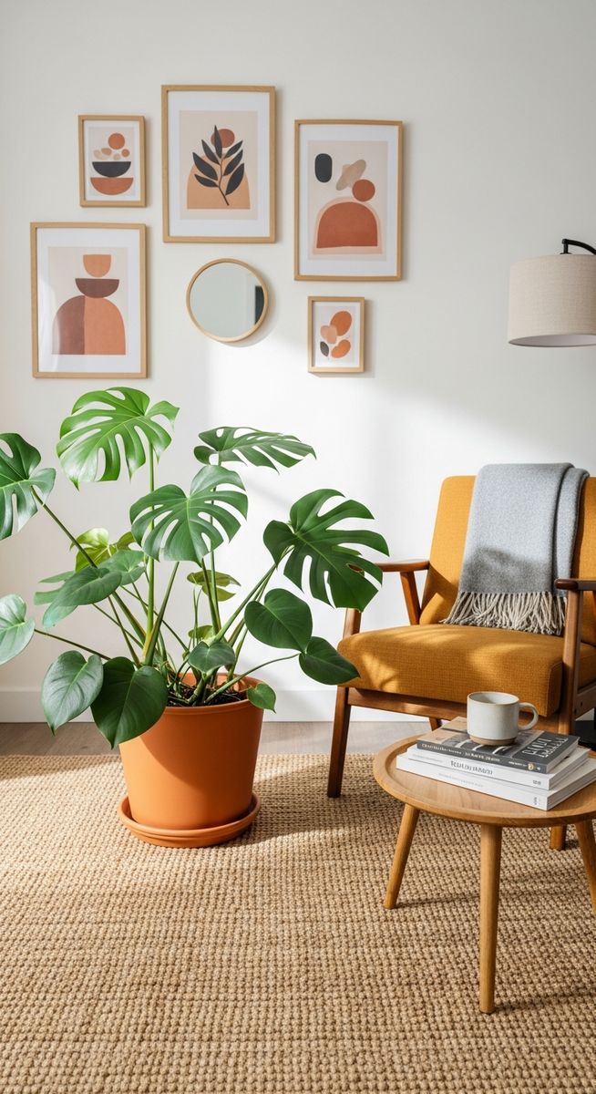 a large thriving monstera plant as a living room focal point, for monstera epipremnoides