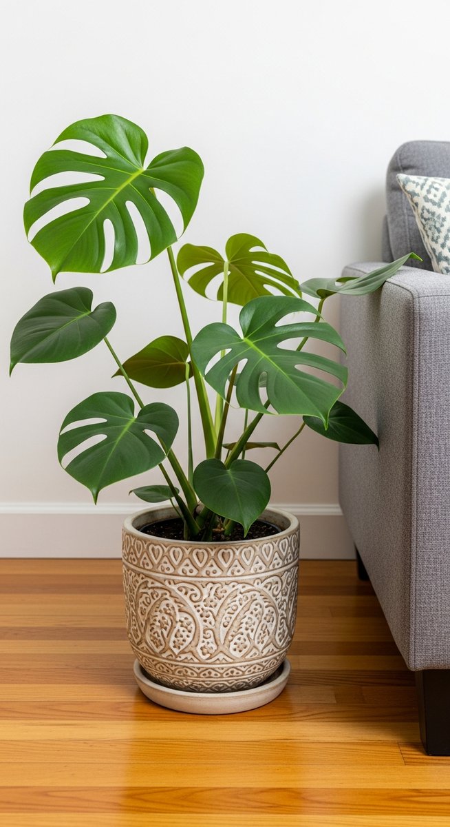 a monstera plant in a decorative pot on a wooden floor