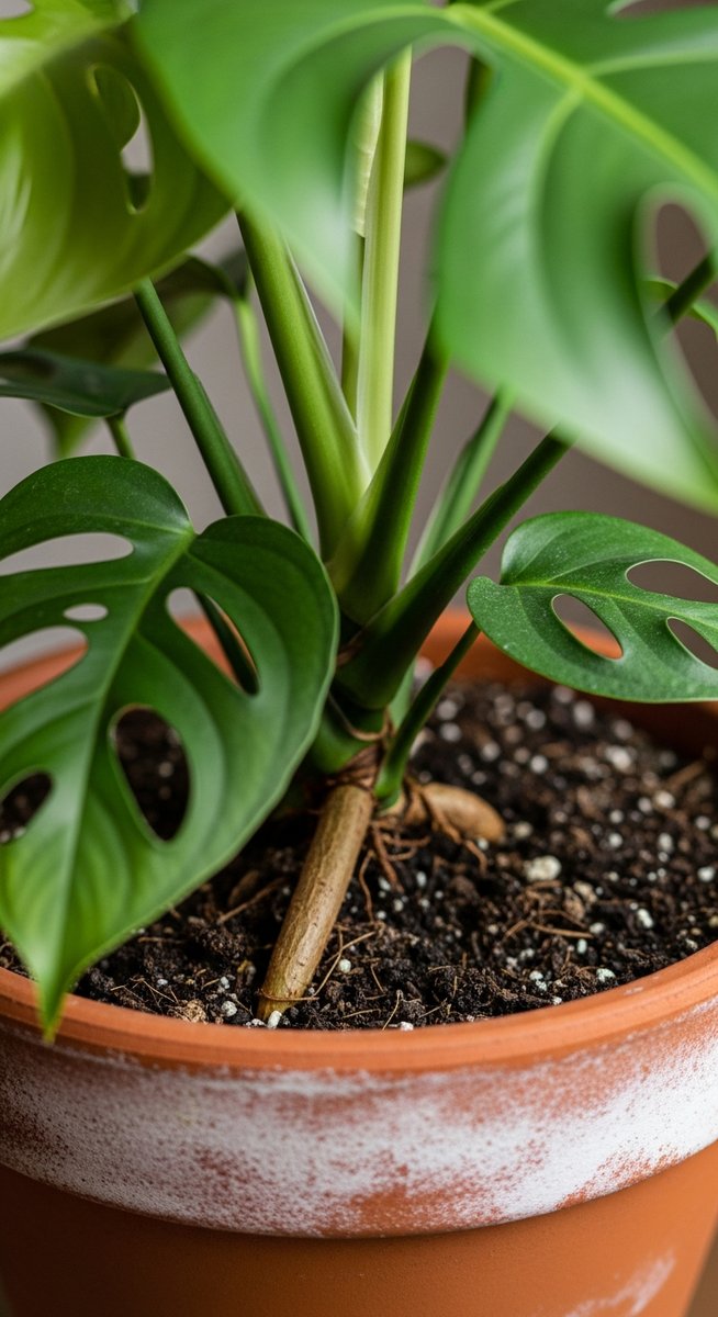 close-up of the base and lower leaves of a monstera plant, for monstera epipremnoides