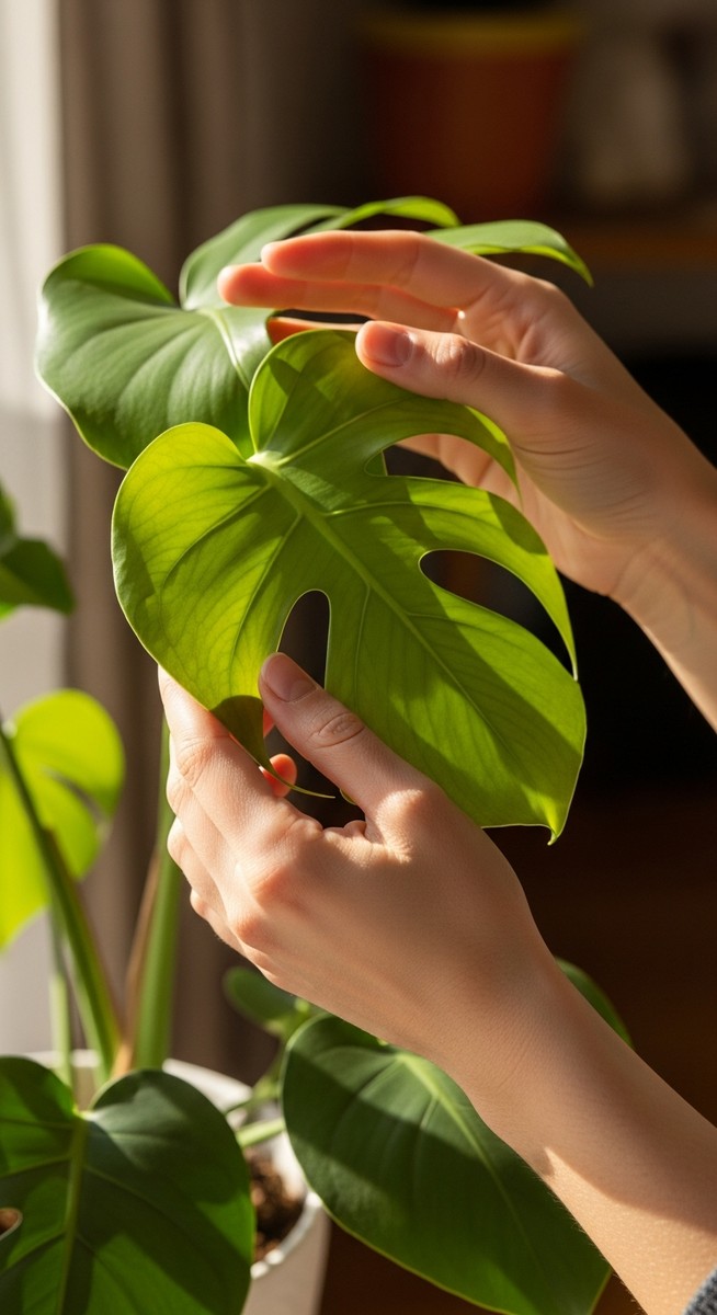 hands touching the leaves of a healthy monstera plant