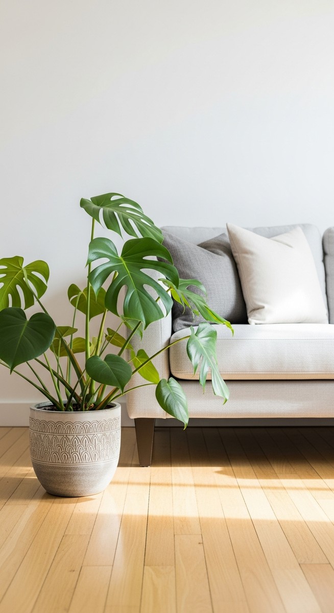 a monstera plant in a decorative pot on a wooden floor