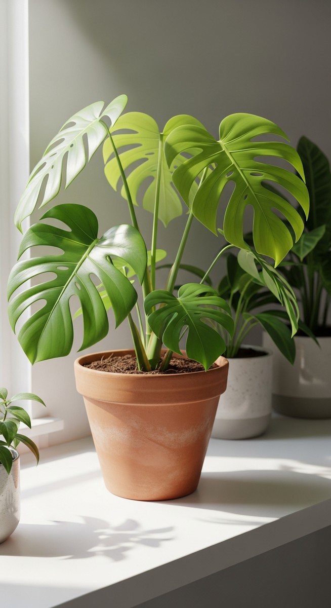 a lush monstera plant in a terracotta pot on a white shelf