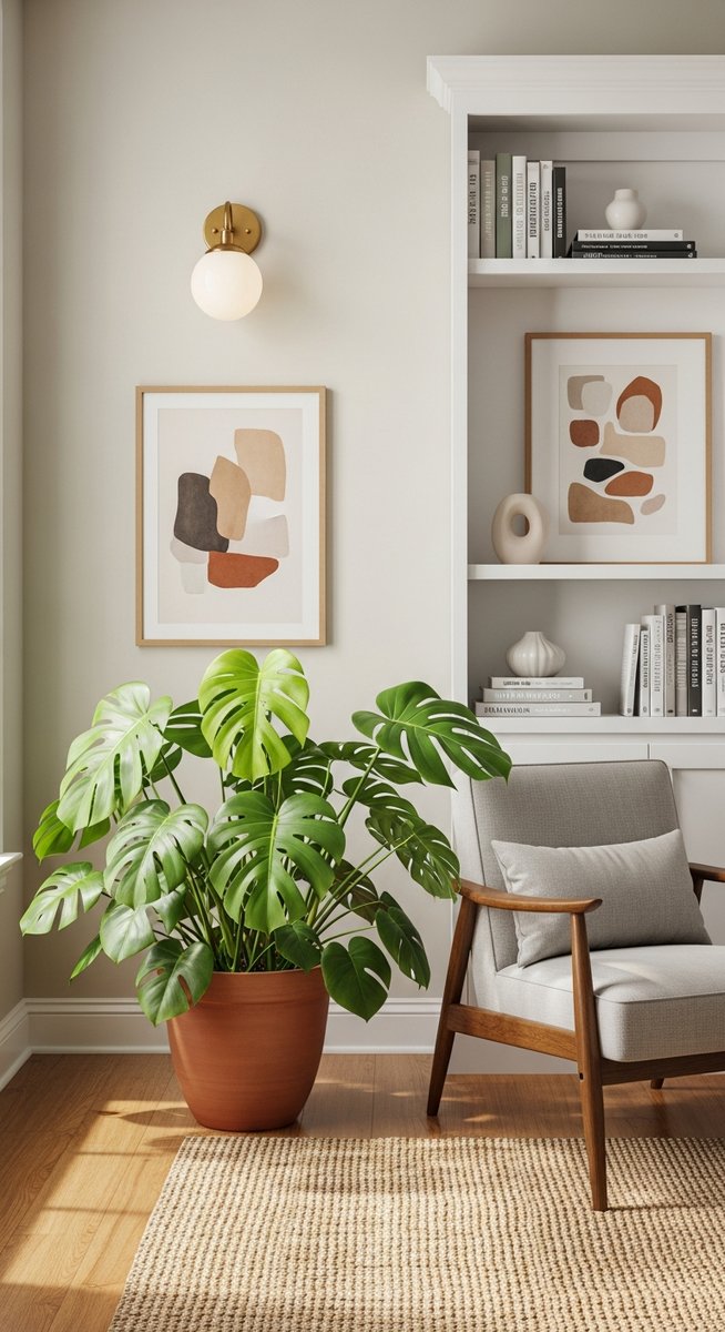 a large thriving monstera plant as a living room focal point, for monstera esqueleto