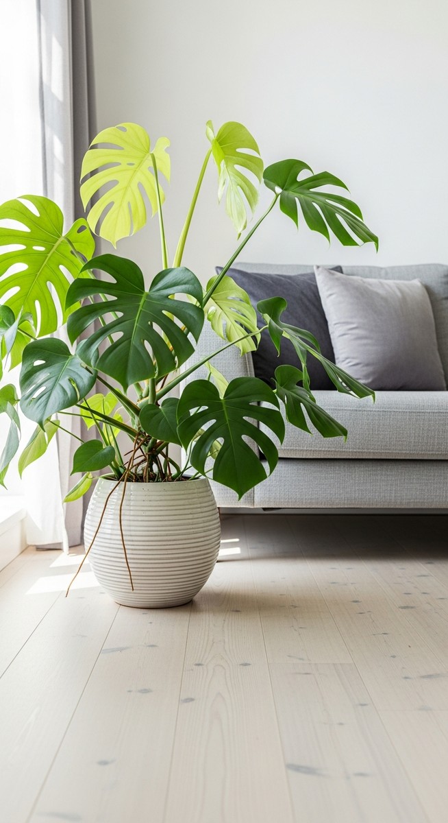 a monstera plant in a decorative pot on a wooden floor