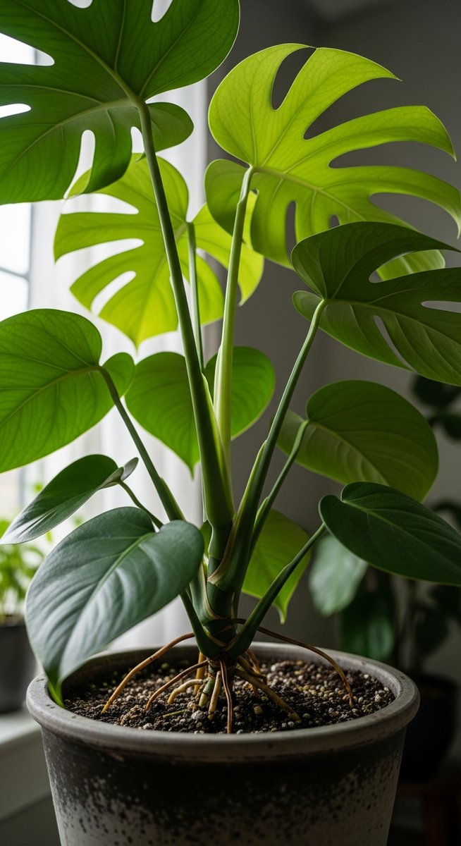 close-up of the base and lower leaves of a monstera plant, for monstera esqueleto
