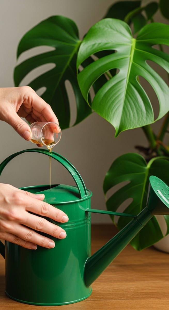 hands adding liquid fertilizer to a watering can next to a monstera plant