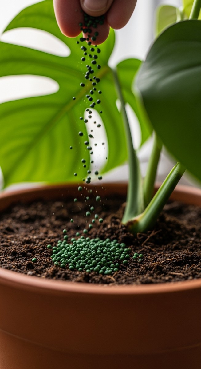 close-up of fertilizer granules being added to the soil of a monstera plant, for monstera fertilizer