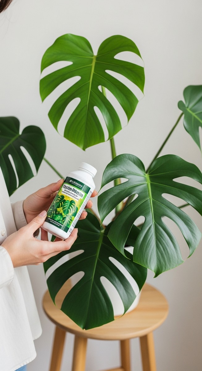 a person reading a fertilizer label standing next to a monstera plant, for monstera fertilizer