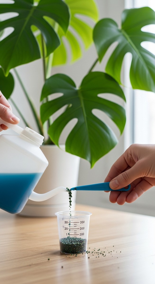 close-up of liquid fertilizer being measured next to a monstera plant