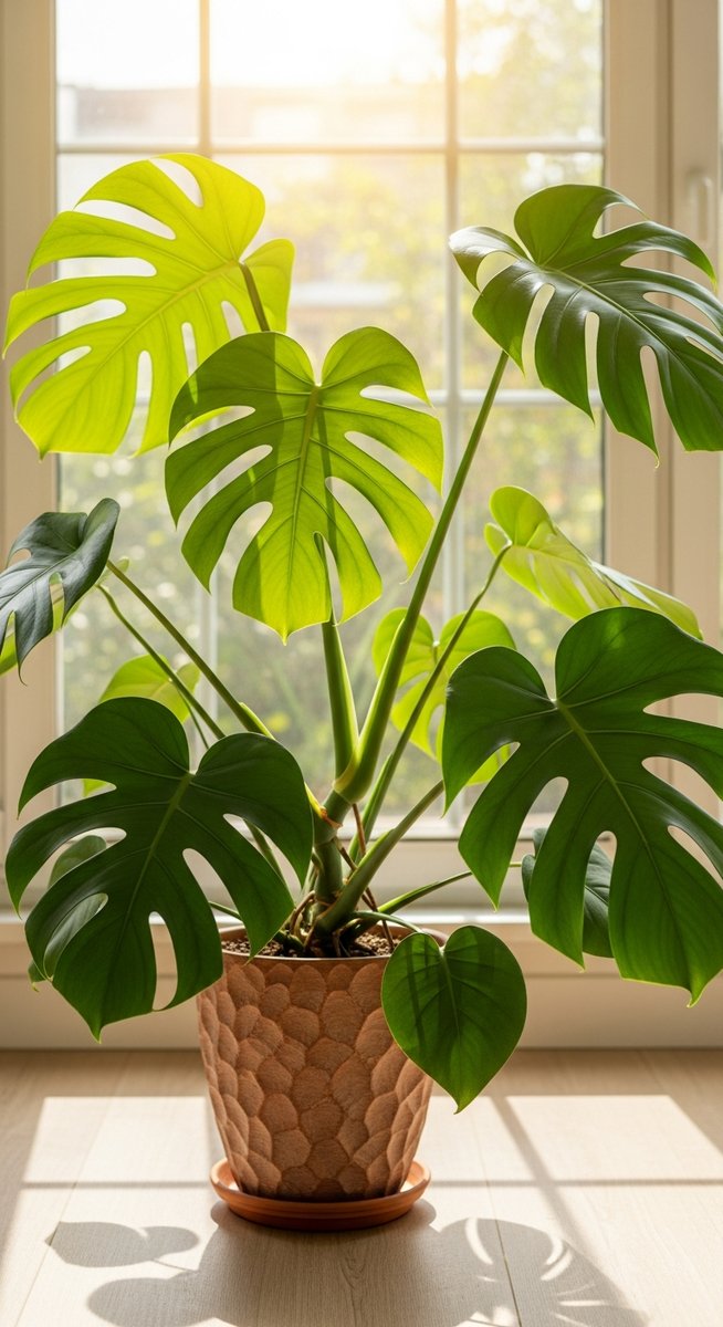 a monstera plant showing lush healthy growth after fertilizing, for monstera fertilizer