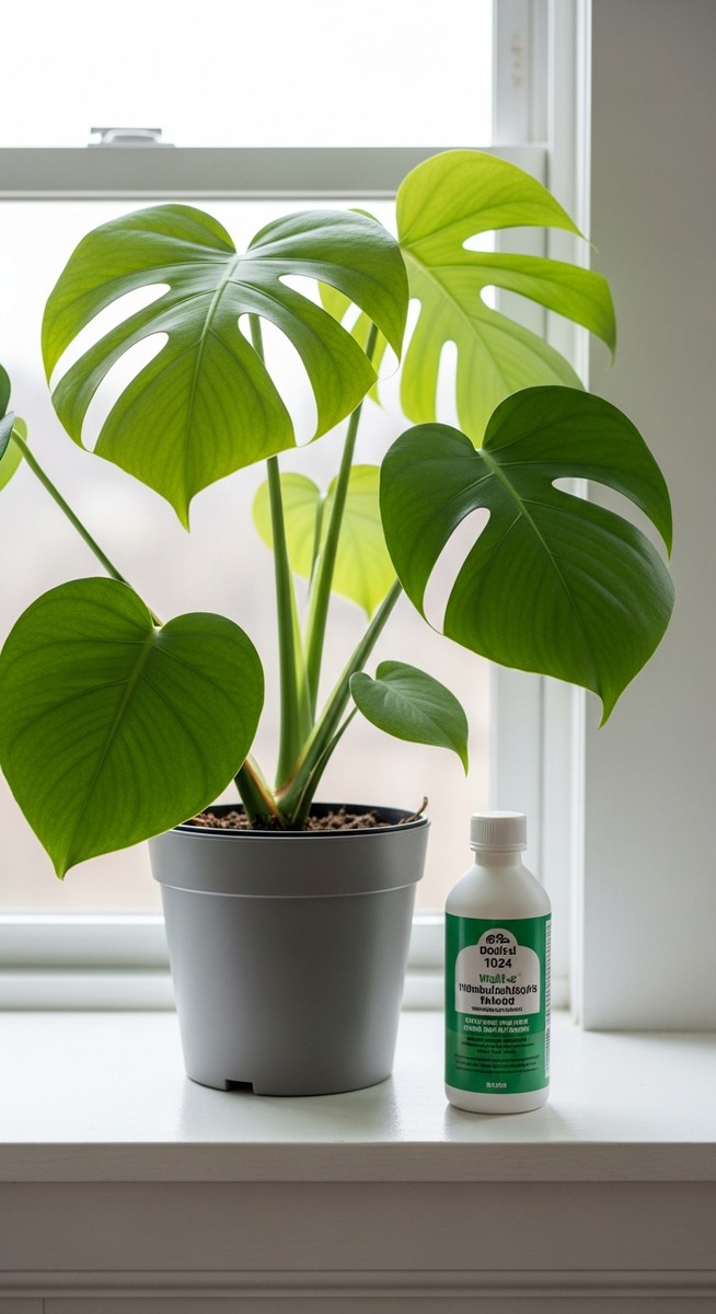 a fertilizer bottle placed next to a thriving monstera plant on a windowsill