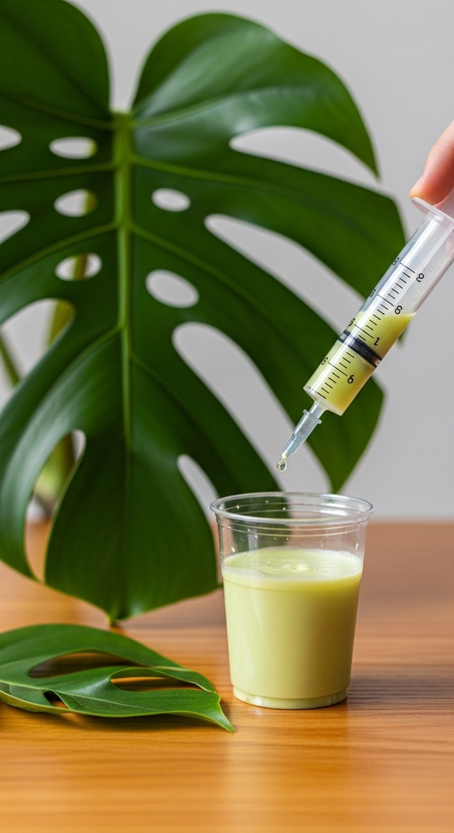 close-up of liquid fertilizer being measured next to a monstera plant