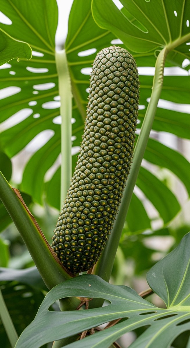 Close-up of a monstera deliciosa fruit growing on a large monstera plant outdoor, for monstera fruit