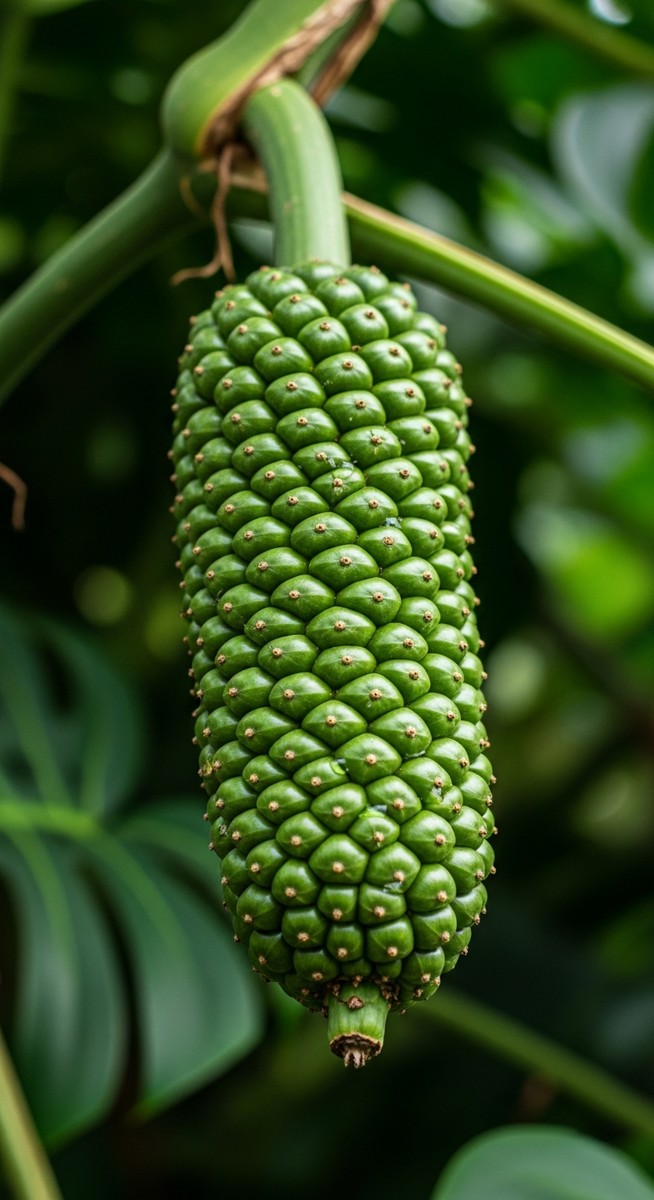Close-up of a monstera deliciosa fruit growing on a large monstera plant outdoor