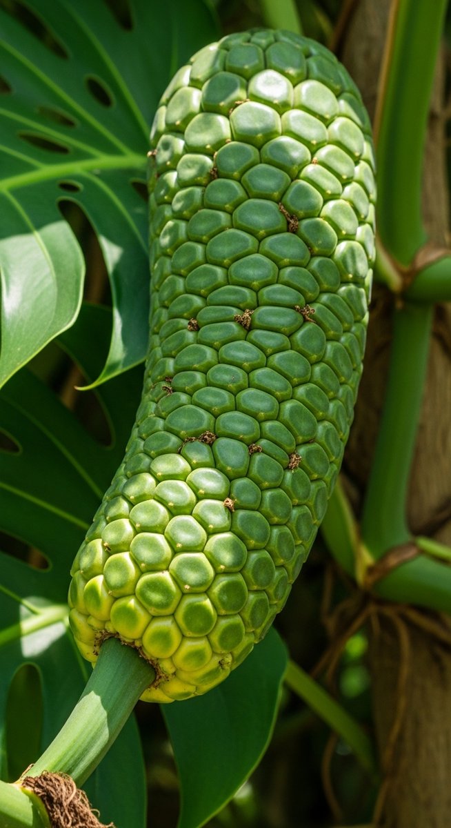 Close-up of a monstera deliciosa fruit growing on a large monstera plant outdoor, for monstera fruit