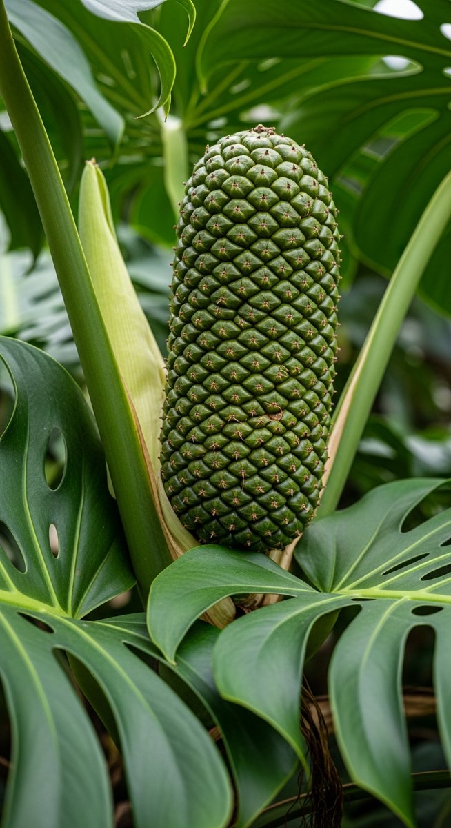 Close-up of a monstera deliciosa fruit growing on a large monstera plant outdoor, for monstera fruit