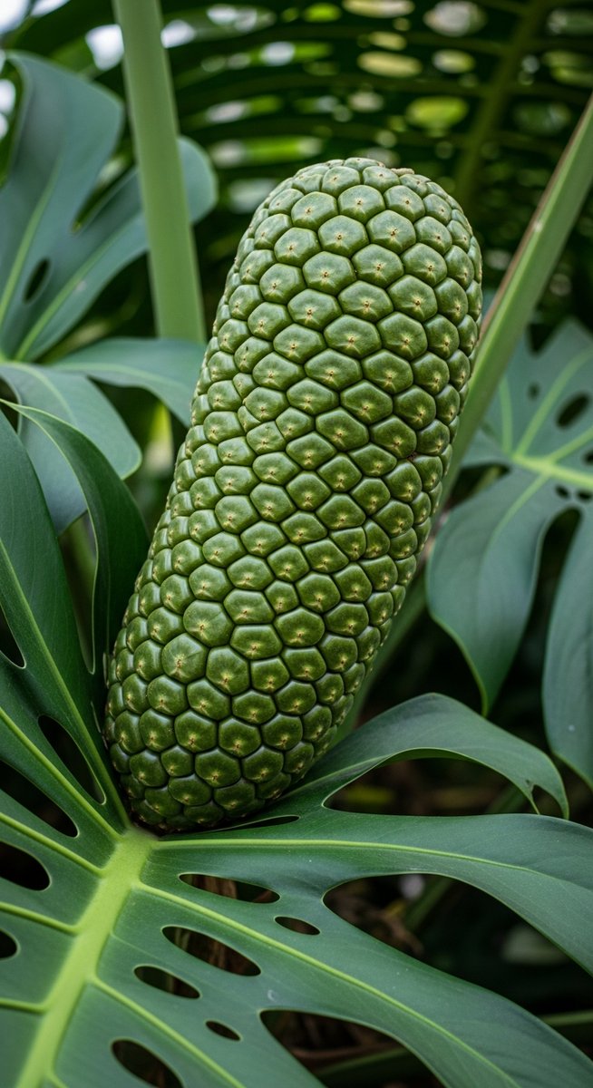 Close-up of a monstera deliciosa fruit growing on a large monstera plant outdoor, for monstera fruit