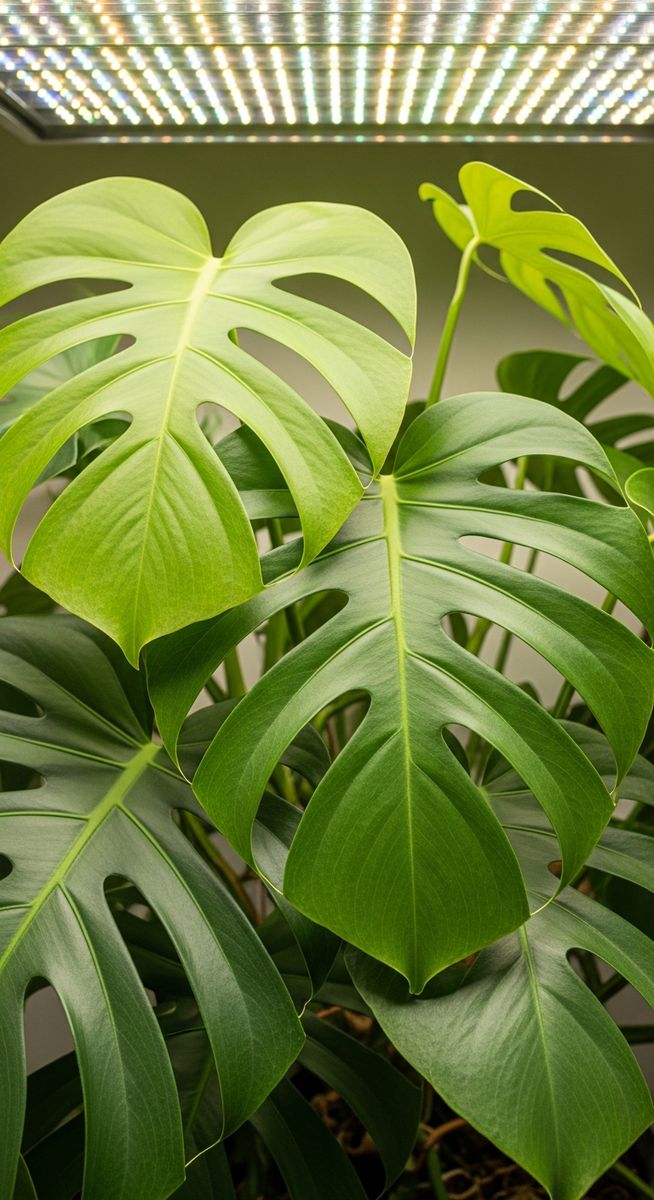 close-up of monstera leaves thriving under grow light