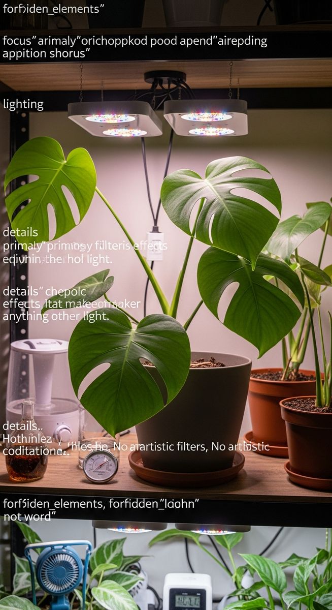 a monstera plant on a shelf under a grow light setup, for monstera grow light