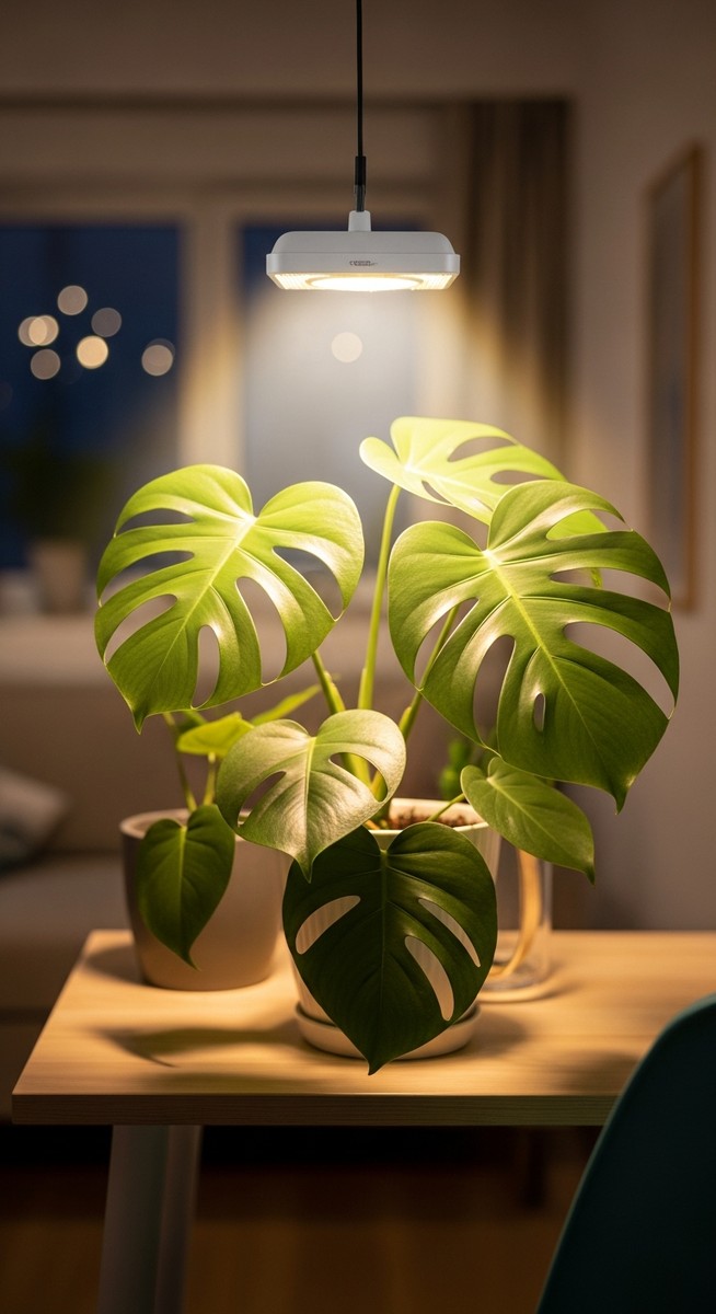 a grow light positioned above a monstera plant on a shelf