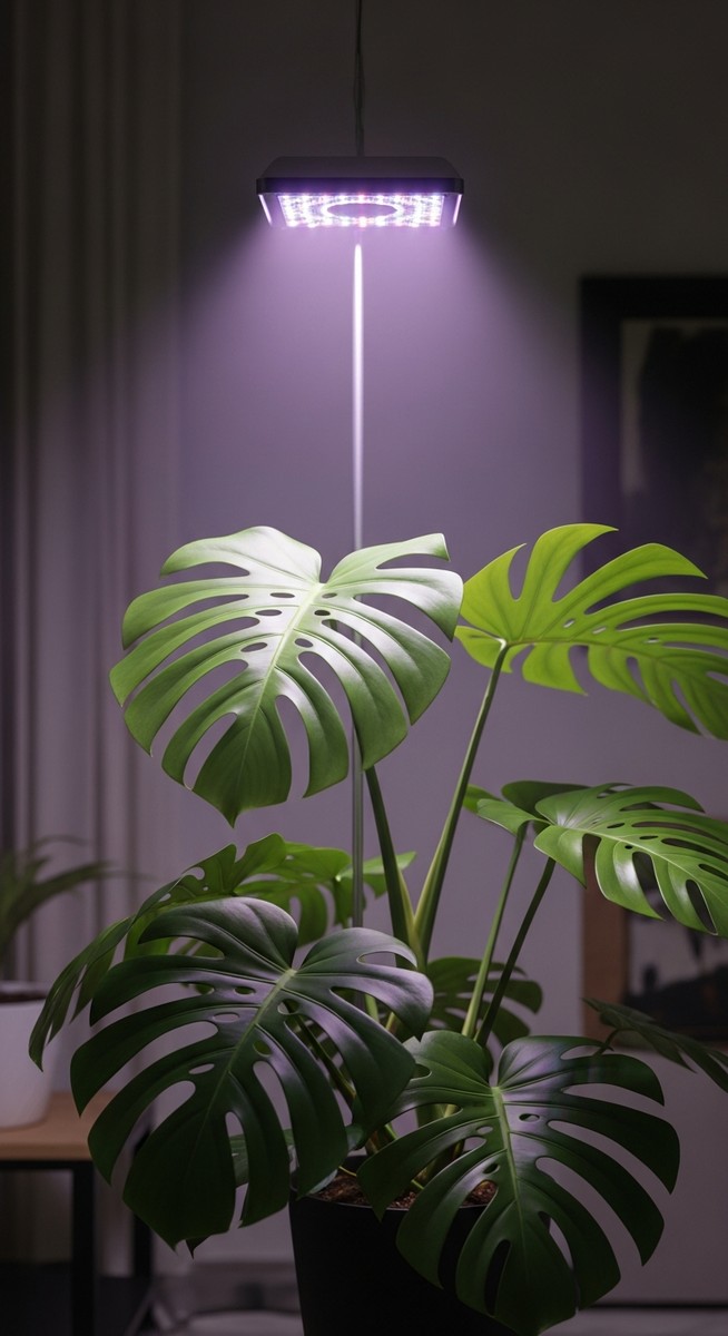 a monstera plant growing toward a grow light overhead, for monstera grow light