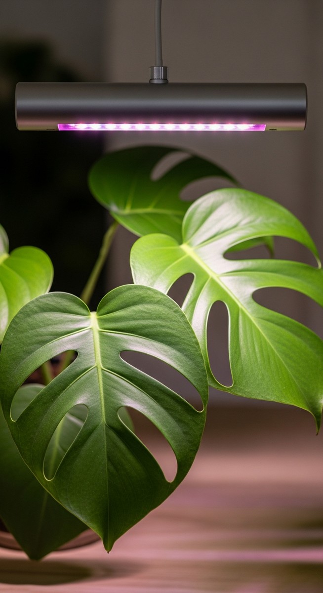 close-up of a grow light above a monstera plant